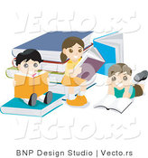 Vector of Group of Young School Kids Reading Beside Large Books by BNP Design Studio