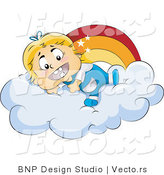 Vector of Happy Baby Girl Laying on a Cloud Beside a Rainbow by BNP Design Studio