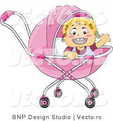 Vector of Happy Baby Girl Waving in a Pink Baby Pram Stroller by BNP Design Studio