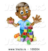 Vector of Happy Black Boy Waving and Playing with Toy Blocks by AtStockIllustration