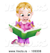 Vector of Happy Blond White School Girl Kneeling and Reading a Book by AtStockIllustration