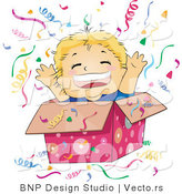 Vector of Happy Boy Jumping out of a Gift Box at a Surprise Party by BNP Design Studio