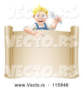 Vector of Happy Cartoon Blond Mechanic Guy Holding a Wrench over a Scroll Sign by AtStockIllustration