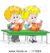Vector of Happy Cartoon Blond School Children Reading Books at Their Desk by Alex Bannykh