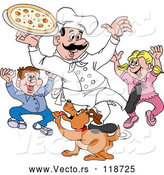 Vector of Happy Cartoon Chef Guy Holding Pizza over Excited Children and a Dog by LaffToon
