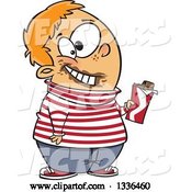 Vector of Happy Cartoon Chubby White Boy Holding a Chocolate Candy Bar, with Gloop on His Face by Toonaday