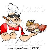 Vector of Happy Cartoon Muscular Chef Pig Wearing a Hat and Sunglasses, Smoking a Cigar, Holding a Thumb up and a Plate of Bbq Meats by LaffToon