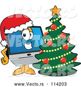 Vector of Happy Cartoon PC Computer Mascot Wearing a Santa Hat by a Christmas Tree by Mascot Junction