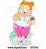 Vector of Happy Cartoon Red Haired White Chubby Lady Jogging and Listening to Music by BNP Design Studio