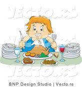 Vector of Happy Overweight Girl Feasting on a Turkey Meal, with Plates at Her Sides by BNP Design Studio