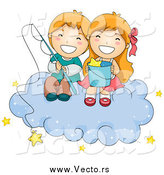 Vector of Happy White Children Fishing for Stars on a Cloud by BNP Design Studio