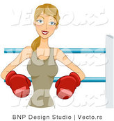 Vector of Happy Woman Wearing Boxing Gloves While Leaning Against Ropes in the Ring by BNP Design Studio