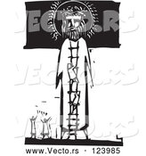 Vector of Little People Praising and Climbing a Ladder to Jesus Black and White Woodcut by Xunantunich