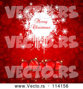 Vector of Merry Christmas Greeting on White Grunge over Red Baubles and Snowflakes by KJ Pargeter