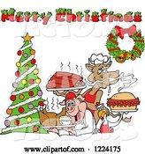 Vector of Merry Christmas Greeting over a Cow Holding Ribs, Chicken Carrying a Pulled Pork Sandwich and Pig Carrying a Roasted Chicken by LaffToon
