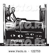 Vector of Monsters Under Guy's Bed - Black and White Woodcut Style by Xunantunich