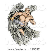 Vector of Muscular Cartoon Warrior Angel Running with a Sword by AtStockIllustration