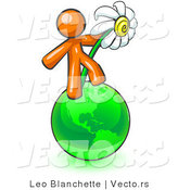 Vector of Orange Guy Standing on the Green Planet Earth and Holding a White Daisy, Symbolizing Organics and Going Green for a Healthy Environment by Leo Blanchette
