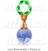 Vector of Orange Guy Standing on Top of the Blue Planet Earth and Holding up Three Green Arrows Forming a Triangle and Moving in a Clockwise Motion, Symbolizing Renewable Energy and Recycling by Leo Blanchette