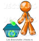 Vector of Orange Guy Tossing a Plastic Container into a Recycle Bin, Symbolizing Someone Doing Their Part to Help the Environment and to Be Earth Friendly by Leo Blanchette