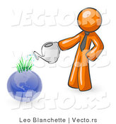 Vector of Orange Guy Using a Watering Can to Water New Grass Growing on Planet Earth, Symbolizing Someone Caring for the Environment by Leo Blanchette