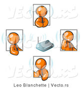 Vector of Orange Guys Holding a Phone Meeting and Wearing Wireless Headsets by Leo Blanchette