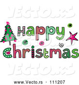 Vector of Patterned Sketched Happy Christmas Text with a Tree by Prawny