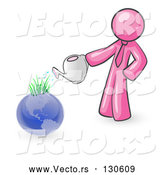 Vector of Pink Guy Using a Watering Can to Water New Grass Growing on Planet Earth, Symbolizing Someone Caring for the Environment by Leo Blanchette