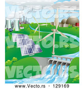 Vector of Power Generation Farm: Nuclear, Fossil Fuel, Wind Power, Photovoltaic Cells, and Hydro Electric Water by AtStockIllustration