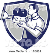 Vector of Profiled Retro Camera Guy Filming in a Blue White and Gray Shield by Patrimonio
