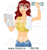 Vector of Red Haired White Lady Holding a Tablet Computer and Working out with a Dumbbell by BNP Design Studio