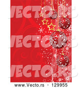 Vector of Red Snowflake Patterned Ornaments and Gold Stars Suspended over a Red Swirl Background with Snowflakes by KJ Pargeter