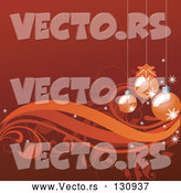 Vector of Red-Orange Background with Three Christmas Ornaments Hanging over Vines and Scrolls by OnFocusMedia
