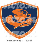 Vector of Retro Coffee Cup, Spoon and Saucer in an Orange Blue and Tan Shield by Patrimonio