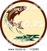 Vector of Retro Leaping Atlantic Salmon Fish and Green Water Splash in a Brown and Tan Circle by Patrimonio