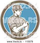 Vector of Retro Male Construction Worker Rolling up His Sleeve in a Brown White and Blue Circle by Patrimonio