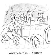 Vector of Retro Morning Person Approaching a Car Pool Ride of Grumpy People Black and White by Picsburg