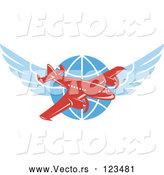 Vector of Retro Red Jumbo Jet Propeller Airplane over a Winged Globe by Patrimonio