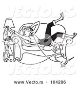 Vector of Retro Weiner Dog and Teen Girl Laying on a Couch While Talking on a Landline Telephone, in Black and White by Picsburg