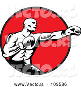 Vector of Retro Woodcut Black and White Male Boxer Jabbing in a Red Circle by Patrimonio