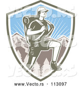 Vector of Retro Woodcut Female Hiker over Mountains and Sunshine in a Shield by Patrimonio