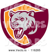 Vector of Retro Woodcut Grizzly Bear Roaring in a Maroon and Orange Shield by Patrimonio