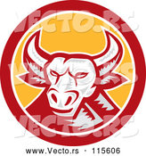 Vector of Retro Woodcut Longhorn Steer Bull in a Red and Yellow Circle by Patrimonio