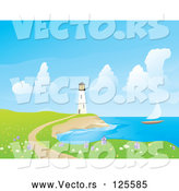 Vector of Sailboat near a White Lighthouse, with a Foot Path and Wildflowers by Rasmussen Images