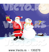 Vector of Santa Claus and Frosty the Snowman Standing Under a Full Moon, Outside on a Snowy Wintry Night, Holding Christmas Presents by Paulo Resende