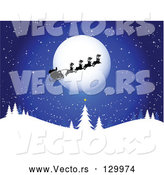 Vector of Santa, His Sleigh and Reindeer Silhouetted As They Pass in Front of the Full Moon on a Blue, Snowy, Wintry Night by KJ Pargeter