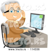 Vector of Senior White Guy Adjusting His Glasses and Using a Desktop Computer by BNP Design Studio