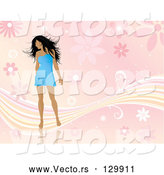 Vector of Sexy Young Black Haired Lady in a Short Blue Dress, Looking over Her Shoulder and Standing over a Pink Floral Background with Waves by KJ Pargeter