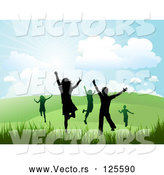 Vector of Silhouetted Happy Children Running and Jumping in a Hilly Summer or Spring Landscape by KJ Pargeter