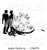 Vector of Silhouetted Wedding Couple with Ornate Swirls by AtStockIllustration